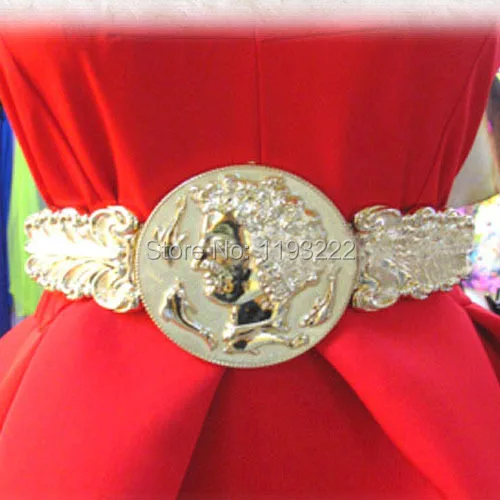 Fashion Casual Luxury Vintage Women Lady's Gold Coin Waist Belt Beauty Head Metal Leather Leaf Baroque Belt  Cummerbund Strap