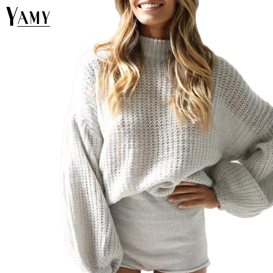 2017 autumn lantern sleeve Sweater women high neck red loose winter knitted Pullovers Casual Knitwear casual Clothing | Женская одежда