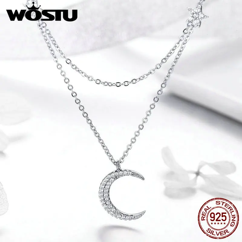 WOSTU Luxury 925 Sterling Silver Moon &amp Stars Pendant Necklaces Adjustable Double Long Chain For Women Fashion Jewelry FNN038 | Украшения