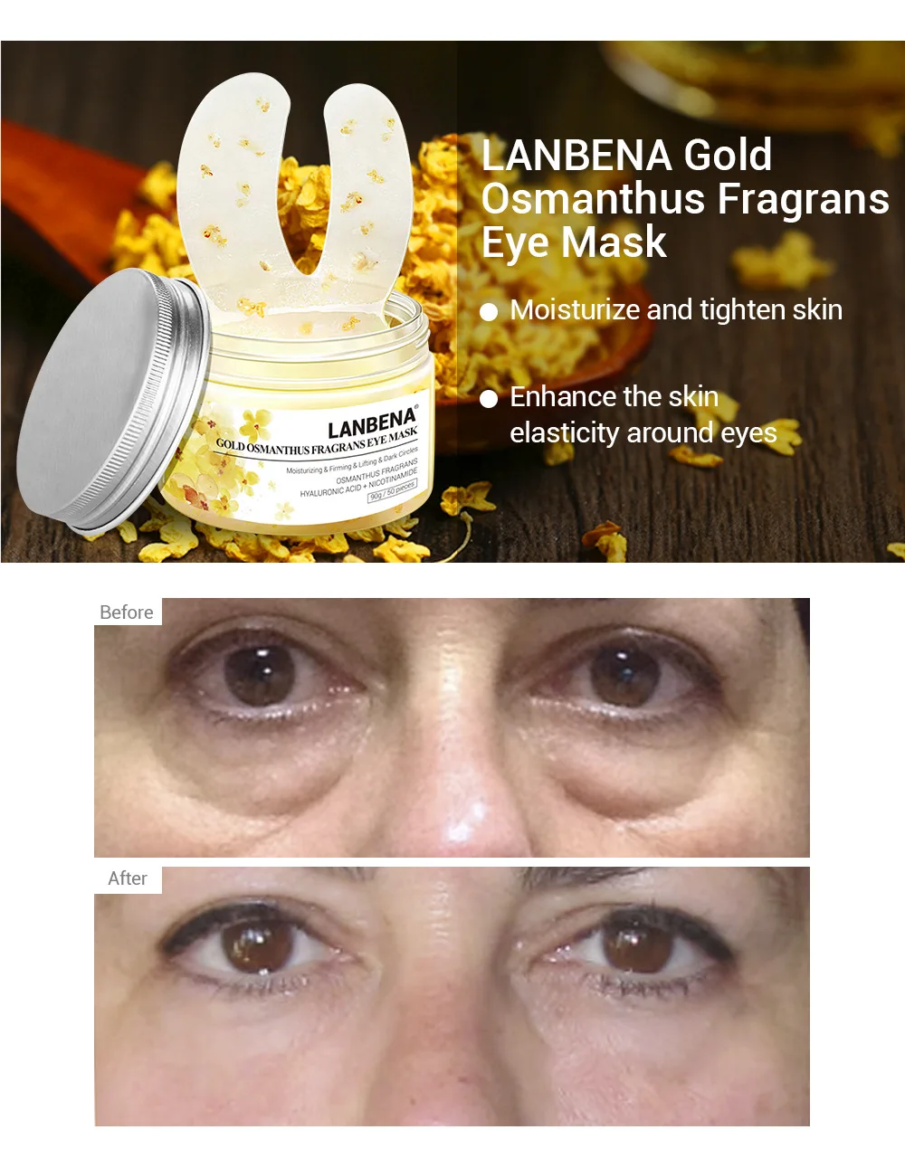 50 шт., Золотая маска для глаз osmanthus fragrans, коллагеновый гель, повязка для глаз, уход за кожей лица, удаление темных кругов, подтягивающая, укрепляющая сыворотка TSLM1