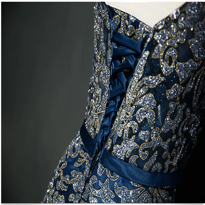 Navy Blue Lace Up Золотое длинное блестящее вечернее платье с красным бантом, вечерние платья без рукавов на шнуровке, платья для выпускного вечера, Robe De Soiree - Цвет: Navy Blue Lace Up
