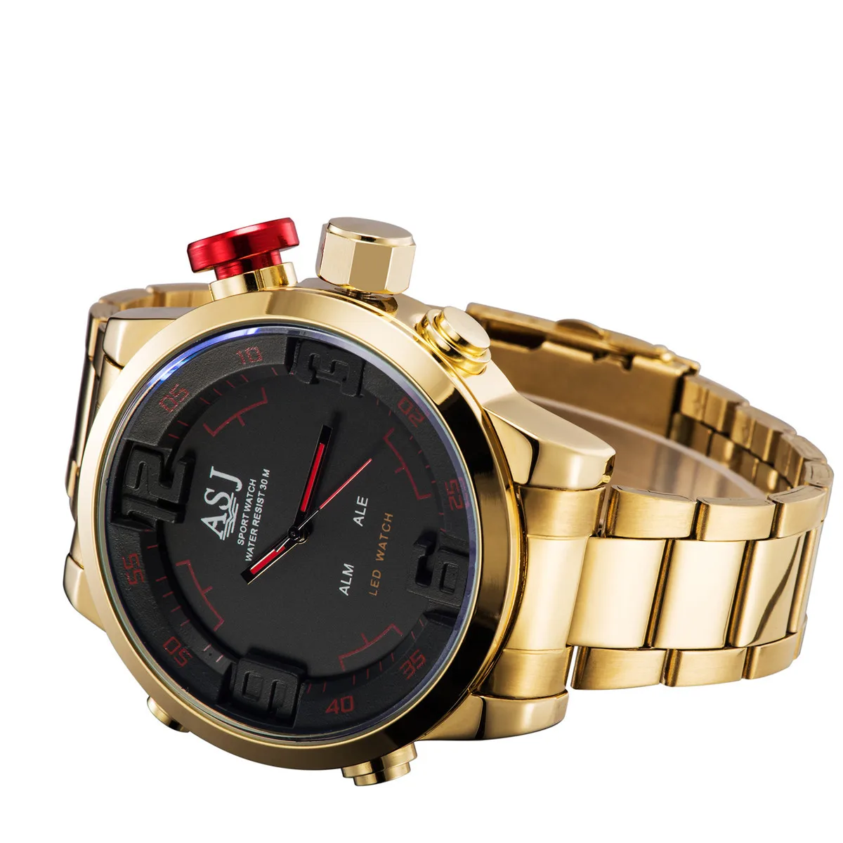 ASJ Brand Men's Military Watches Men Luxury Gold Steel Strap Quartz Watch LED Display Sports Wristwatches 50M Waterproof | Наручные