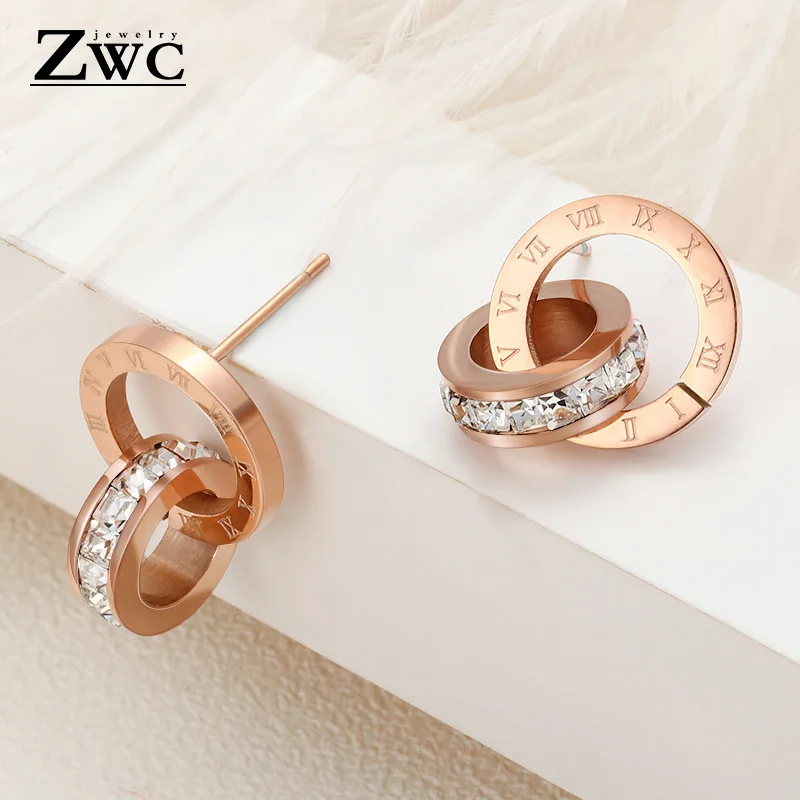 ZWC модные серьги-гвоздики из нержавеющей стали с римскими цифрами для женщин и девушек, вечерние серьги с цирконием, ювелирные изделия