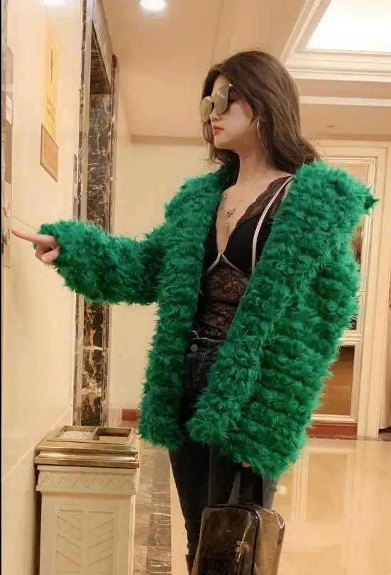 2019 Womens Autumn And Winter Green Lapel Collar Fake Fur Outwears S/Xl Female Sexy Warm Man-Made Coats Faux Jackets K1111 | Женская