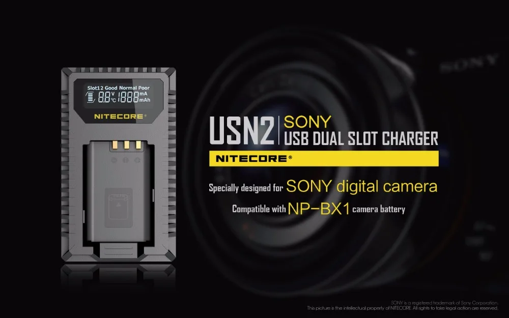 NITECORE USN2 зарядное устройство для камеры sony NP-BX1 батареи; совместимый с DSC-HX350, DSC-H400, DSC-HX400 DSC-RX100M5, DSC-RX1RM2