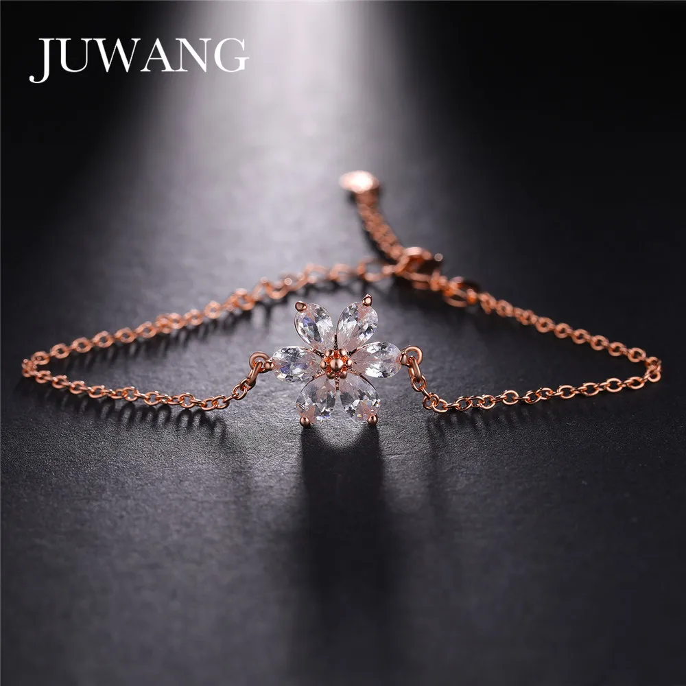 

JUWANG New Fashion Cubic Zirconia Tension Setting Flower Charm Bracelet Bangles For Women Adjustable Chain Bracelets Jewelry