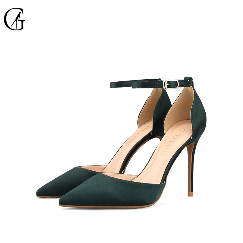 GOXEOU Women's Pumps Satin Ankle Strap D'Orsay Pointed Toe High Heels Party Sexy Nightclub Fashion Office Lady Shoes Size 32-46