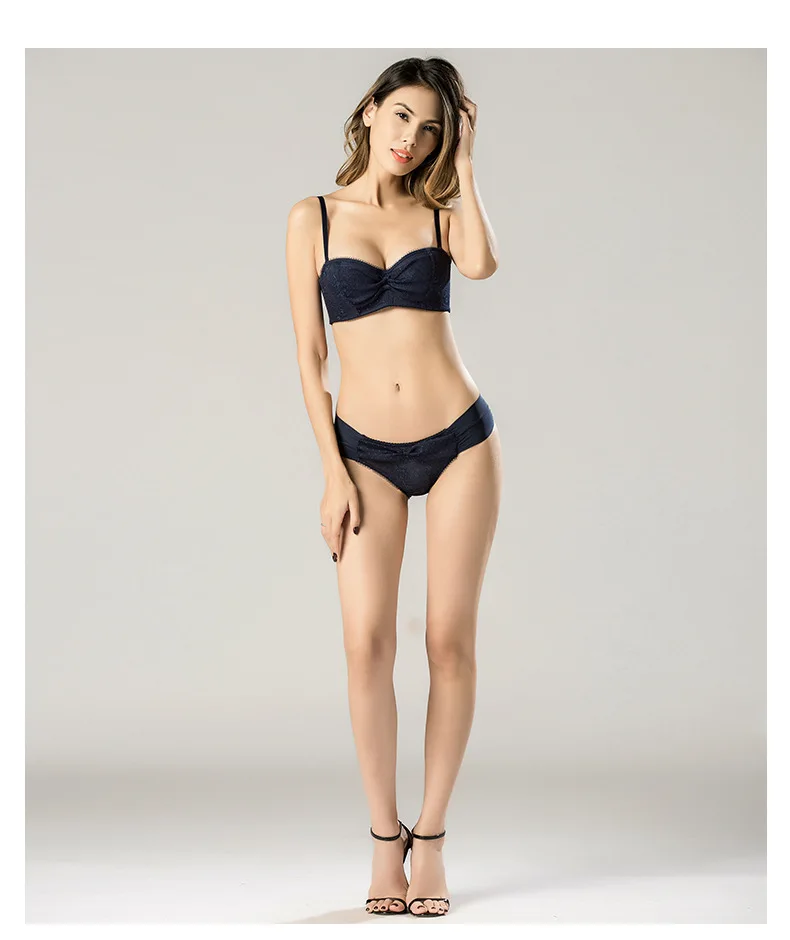 Sexy Lace Mesh 1/2 Cup Bra with Removable Straps Ruffle Bow Design Push-Up Demi Bra and Panties Set Lingerie Underwear Women