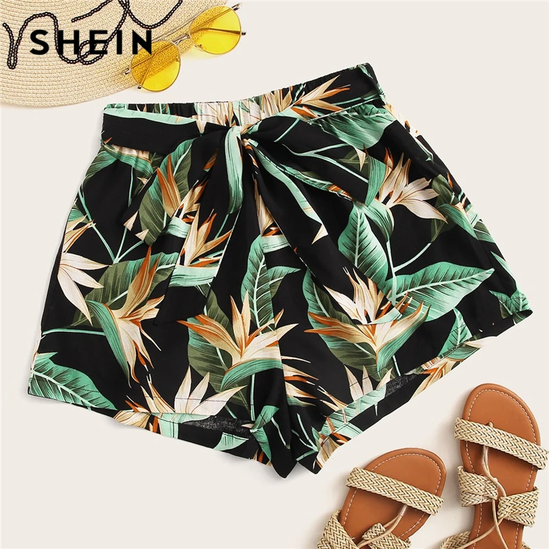 SHEIN/разноцветные богемные шорты с тропическим принтом и поясом, женские летние пляжные шорты для отдыха, повседневные эластичные шорты со средней талией и широкими штанинами