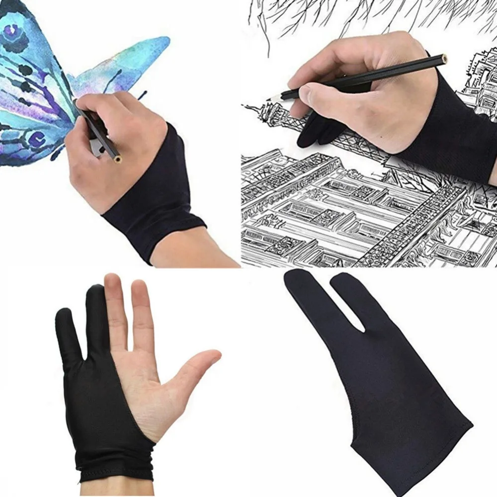 2 Finger Artist Drawing Glove For Any Graphics Drawing Tablet Black Anti-fouling Both for Right and Left Hand Black Free Size
