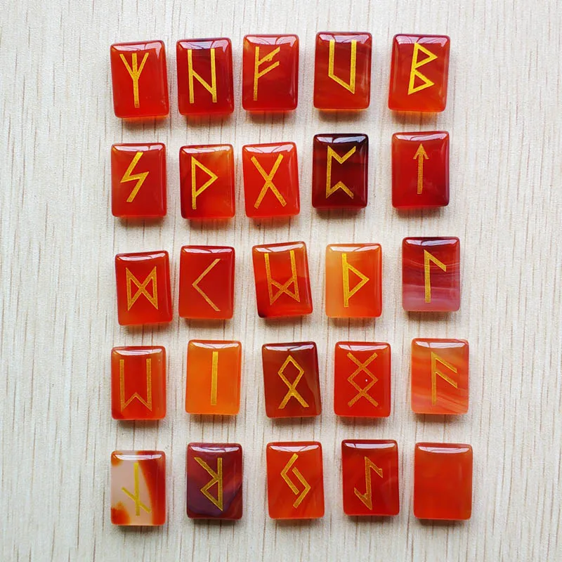 red agate 25 шт./лот натуральный камень тигровый глаз руны викингов амулет набор рейки целебные кристаллы гадание обрушенный прямоугольник камни - Окраска металла: red agate