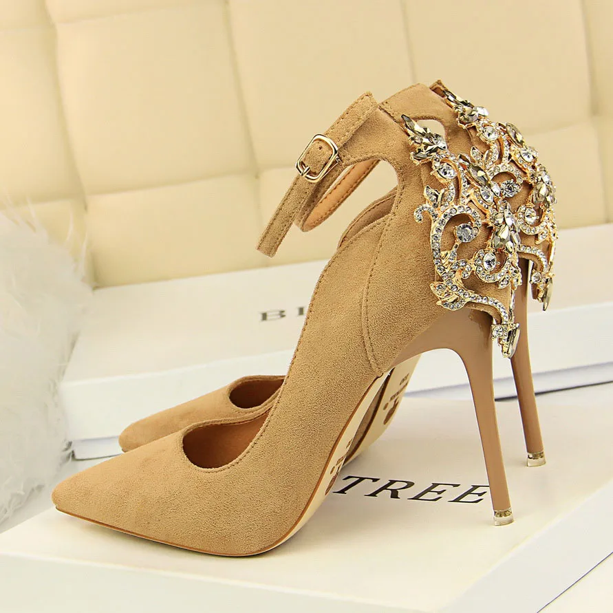 Heel Height 10cm HENGSCARYING/женские Роскошные туфли-лодочки с кристаллами; женские туфли-лодочки из флока на тонком высоком каблуке 10 см; вечерние свадебные туфли с острым носком - Цвет: Heel Height 10cm