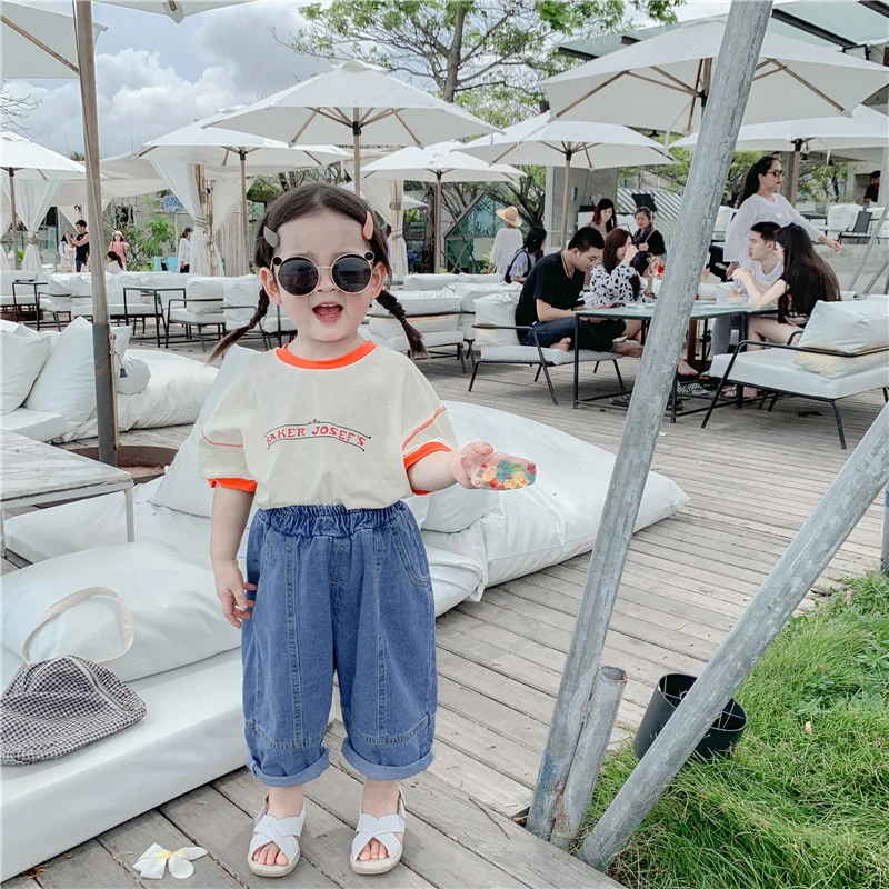 Корейский стиль письма принт чистый хлопок футболка детские футболки для