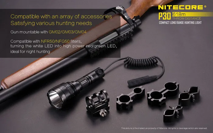 NITECORE P30 5 режимов CREE XP-L HI V3 светодиодный светильник-вспышка 1000 лм большой дальности 618 м на 18650 Аккумулятор для охотничий фонарь, поисковый светильник