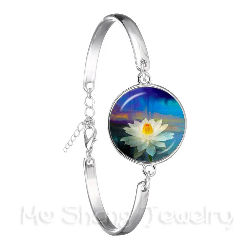 

Lotus Flower Bracelet Mandala Photo Art Glass Cabochon Silver Plated Chain Bangle Sacred Geometry OM Fashion Jewelry Gift