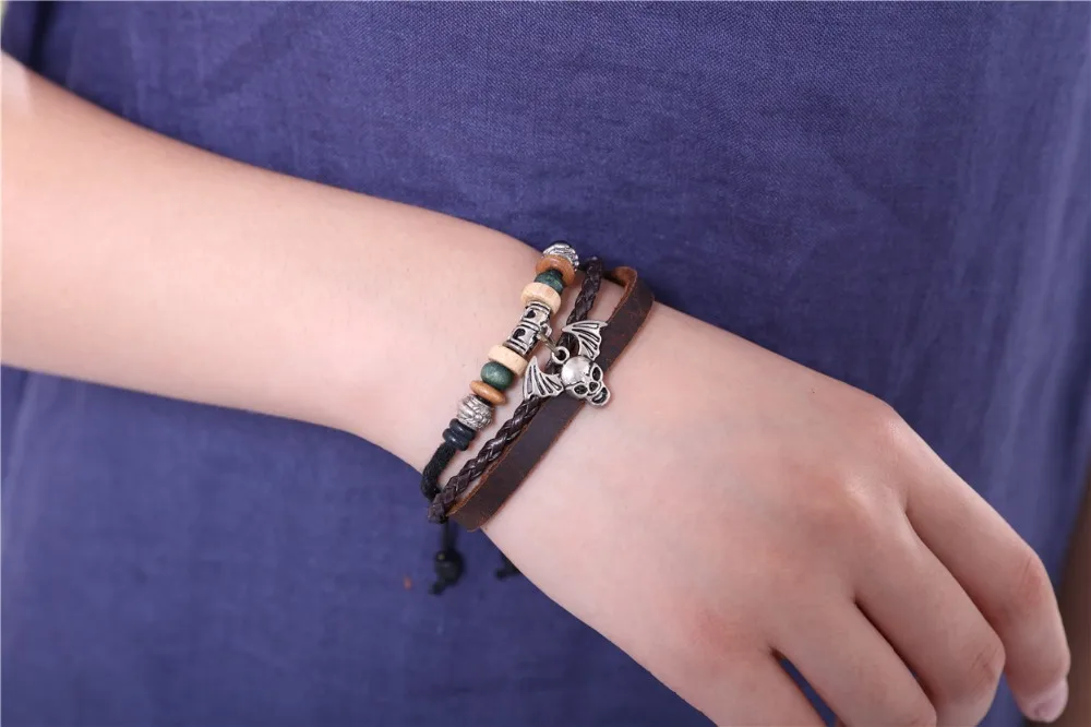 2022 летучая мышь кожаные браслеты с черепом для женщин и мужчин ювелирные изделия