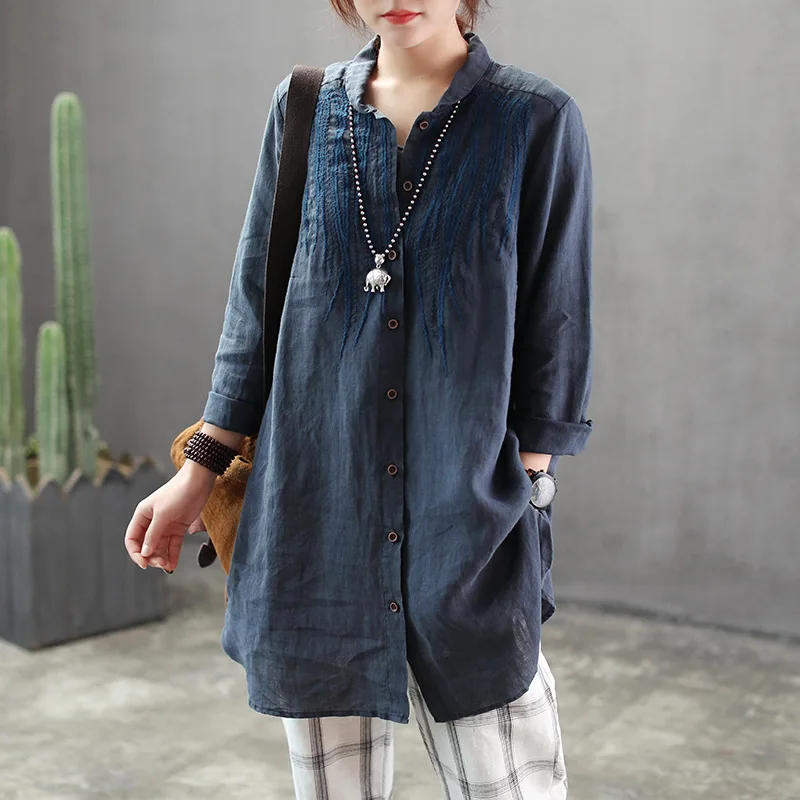 Women Linen Blouse Casual Long Sleeve Tops Tunic Vintage Embroidery Blouses Shirts Ladies Plus Size Blusas Chemisier Femme |