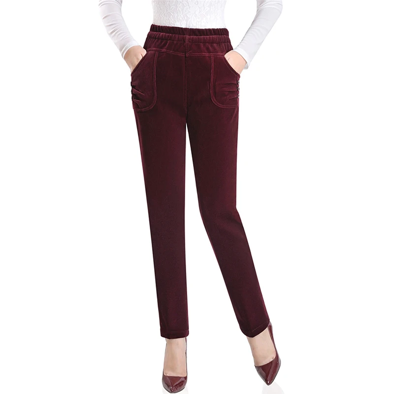Plus size Corduroy Casual Pants Women Autumn Winter Elastic waist Straight Thicken Middle aged Female High Pants2657 | Женская одежда