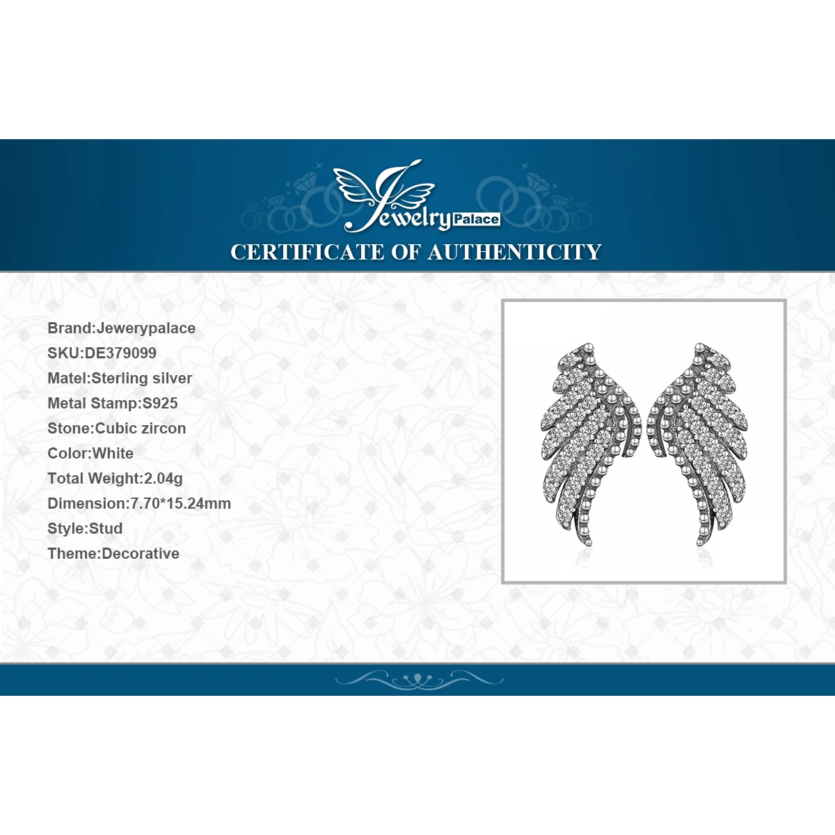 Jewelrypalace стерлингового серебра 925 блеск Крылья Ангела Заклепки earringsjewelrypalac Свадебные украшения серьги для Для женщин Ювелирные украшения