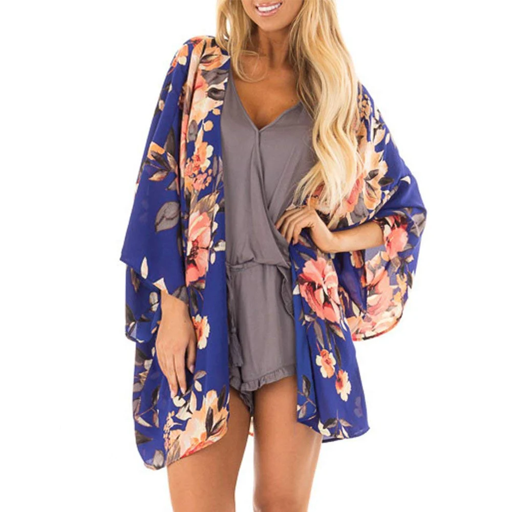 Casual Vintage Kimono Cardigan Ladies 2019 Summer Long Crochet Chiffon preto Loose flora printed Blouse Tops Black |