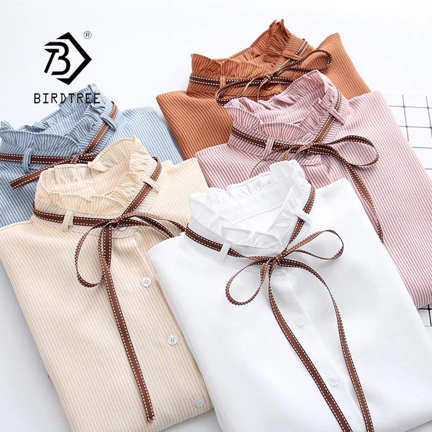 

2019 Woman Striped Shirt Single Breasted Ruffles Turn down Collar Long Sleeve Cotton Blouse Lace Up Bow Feminina Sales T8D408Z