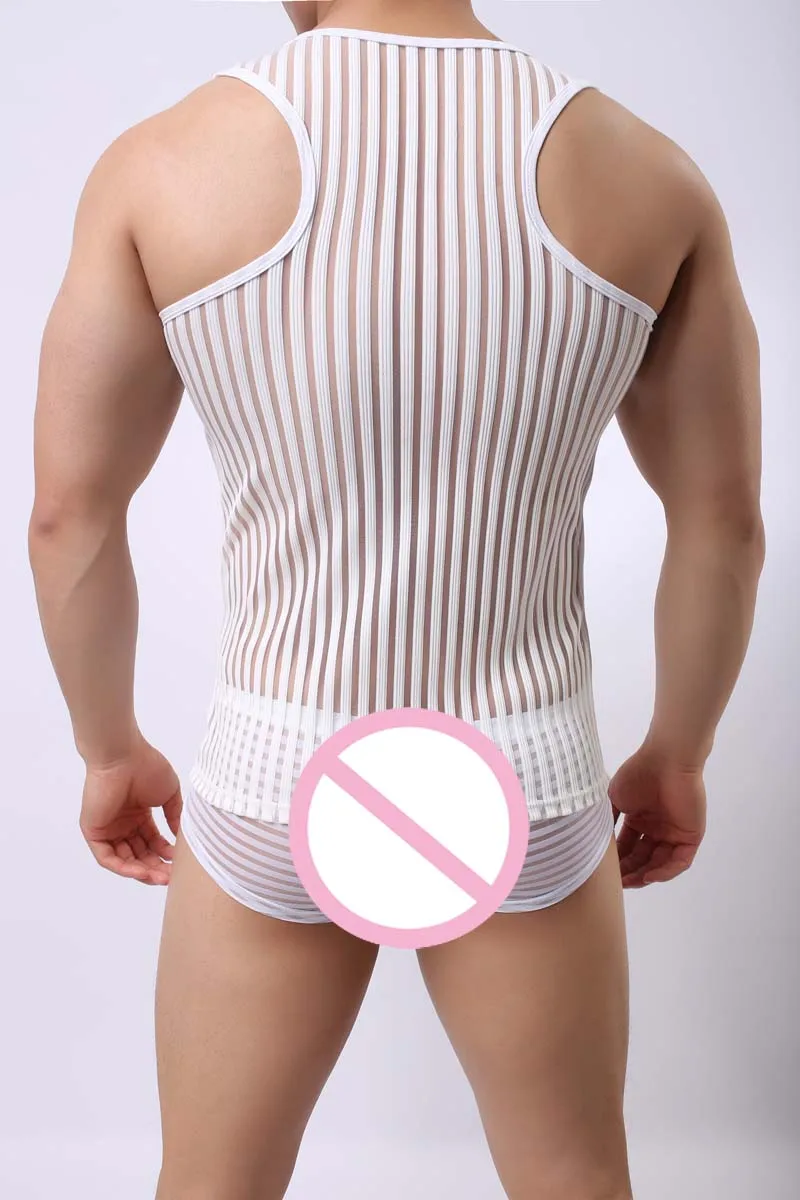 Для мужчин пикантные Бодибилдинг майка весело дышащий полосатый Camiseta Tirantes Hombre майки прозрачной сетки топы