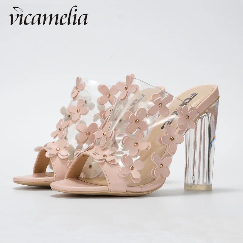 Vicamelia/Новинка прозрачные босоножки на высоком каблуке с маленькими цветами