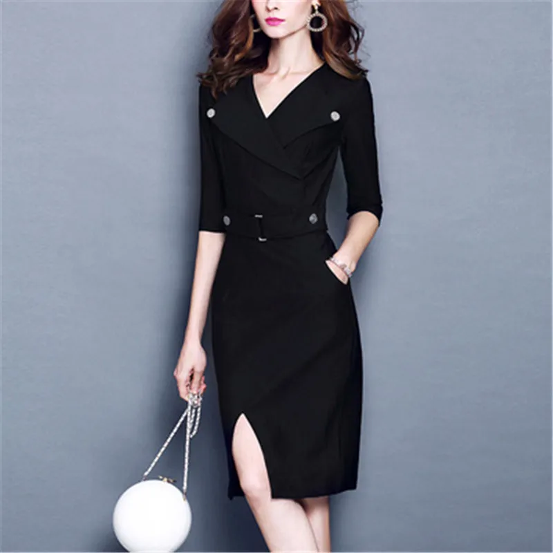 

2018lovepeapome autumn new fashion large size women's slim slimming V-neck stitching seven-point sleeves waist pencil dress G24