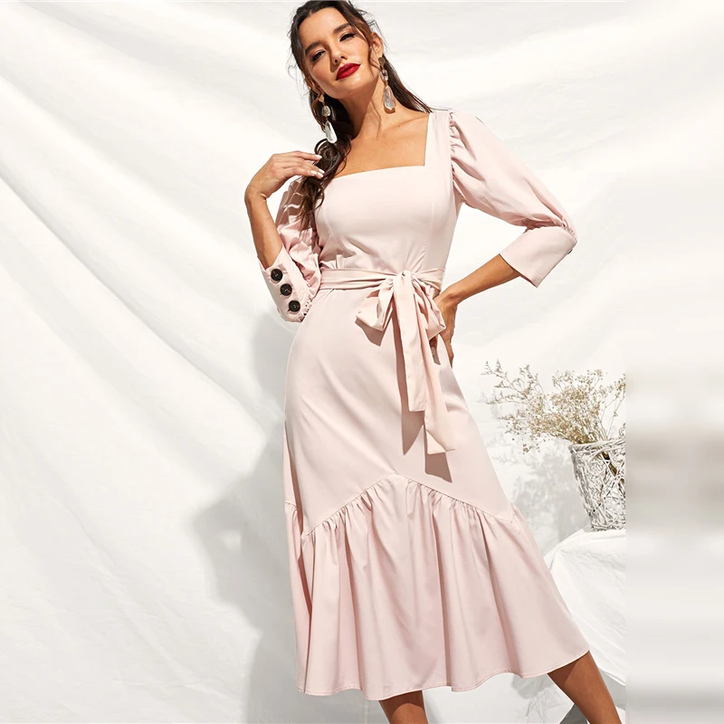 SHEIN платье с оборками и пышными рукавами, с поясом, приталенное и расклешенное,, элегантное, весна-осень, квадратный вырез, женские летние длинные платья