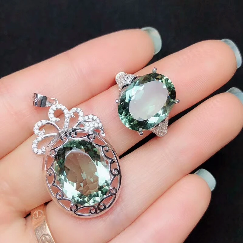 KJJEAXCMY boutique jewels 925 Чистое серебро инкрустированный красный корунд Аметист Зеленый Кристалл Подвеска с белым нефритом кольцо, Женский 2 шт+ c