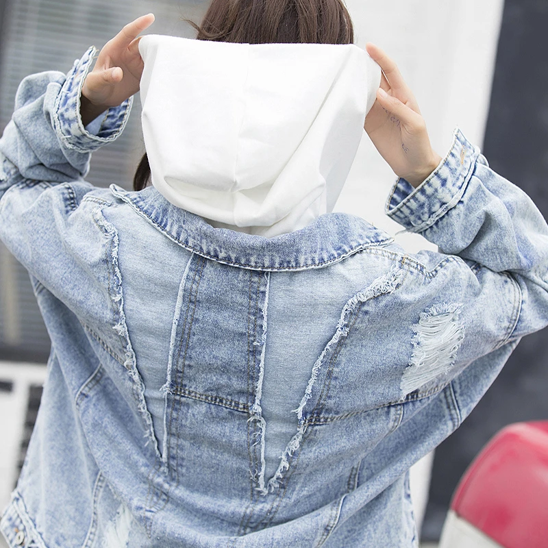 

2018 Spring Autumn New Plus Size Fashion Women Loose Wild Casual Harajuku Vintage Frayed Hole Female Denim jacket L0162