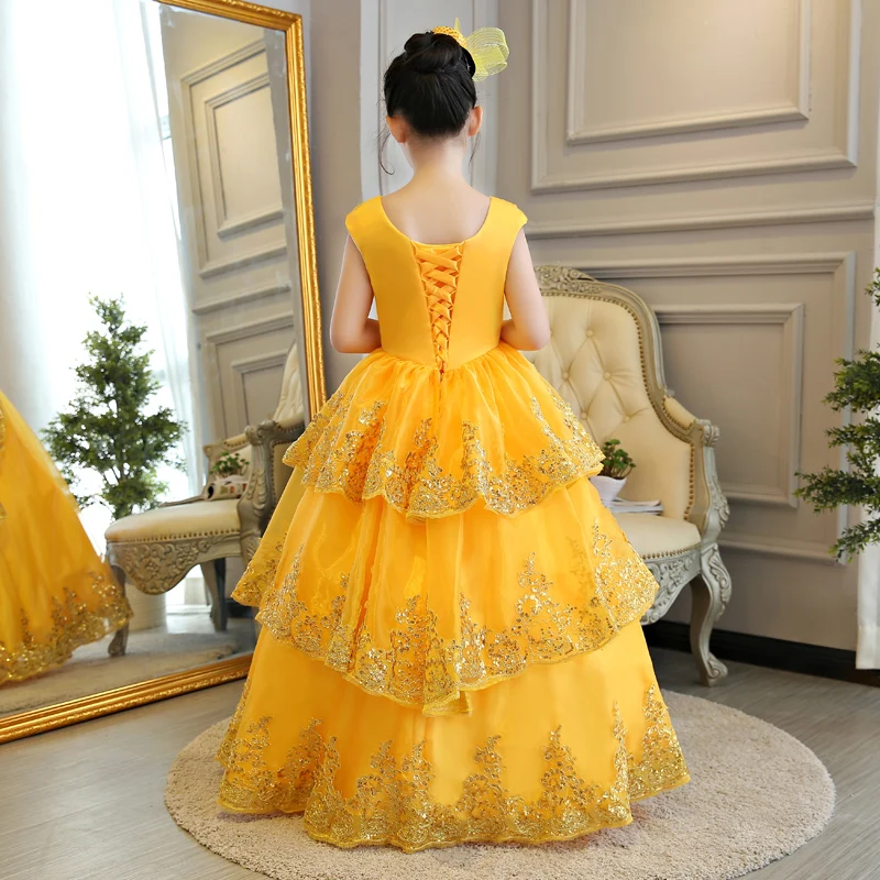 Girls Princess Belle Dress Kids Cosplay Bueauty and The Beast Costume Sleeveless Party Halloween Birthday Yellow Layered | Детская