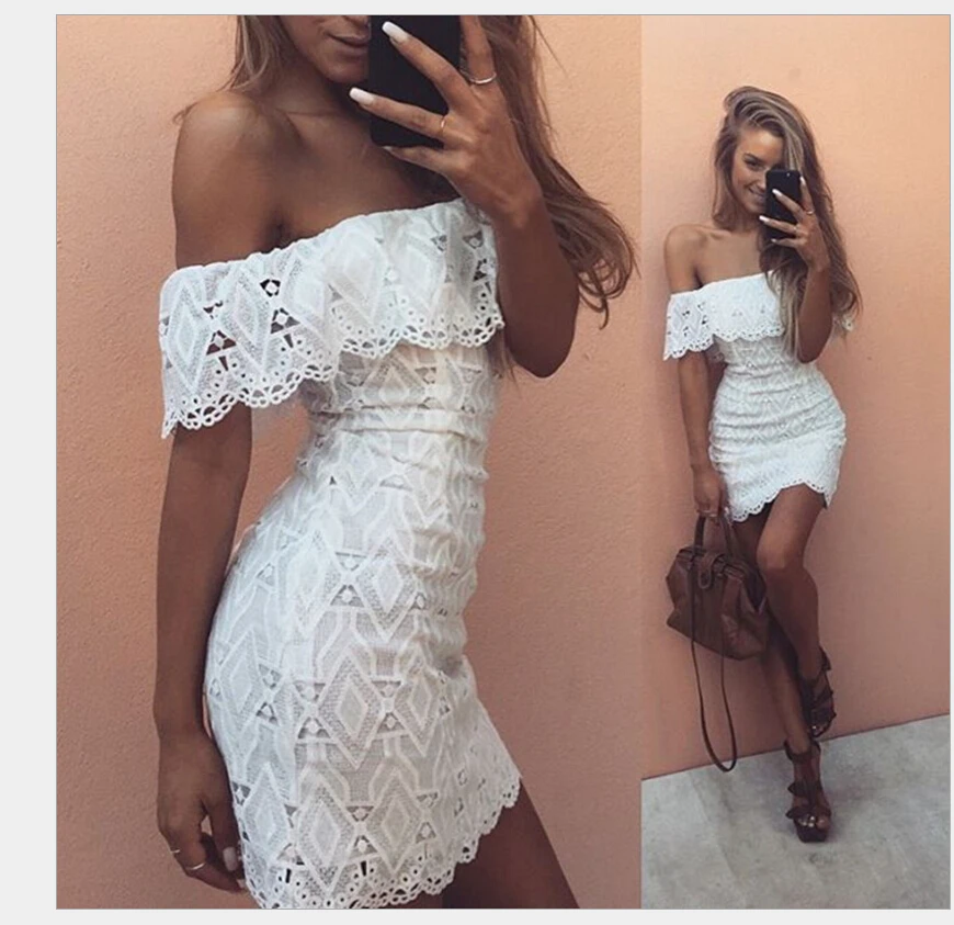 2018 летнее платье Сексуальная Falbala мода слово плечо кружева шаблоны для выкройки