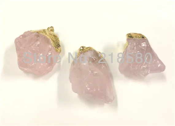

H-RQP123 10pcs Raw Rose Quartzs Pendant 24k Gold Color Natural Stone Pendant About 30-45mm Long