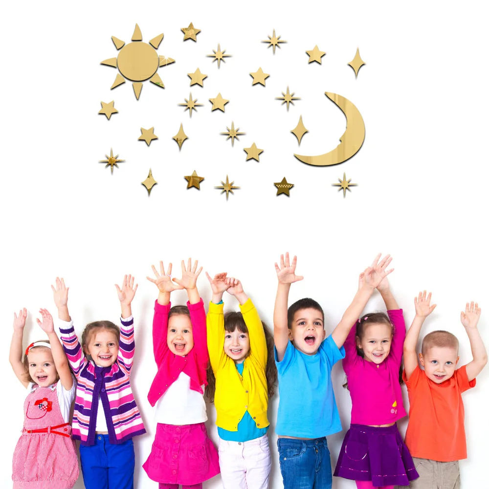Hot sell sun the moon stars diy 3 d environmental protection acrylic mirror wall stick children like in clock | Дом и сад