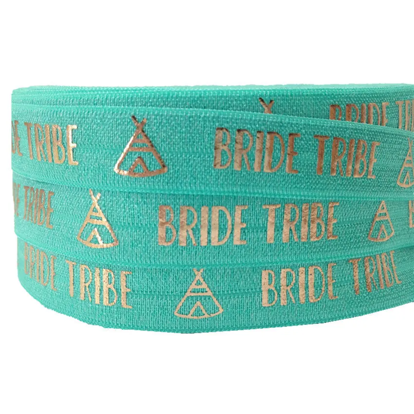 

5Y 16mm Rose Tepee BRIDE TRIBE Foil Turquoise Fold Over Elastic Hairbands for wedding accessories DIY Hair Ties Hair Accessories