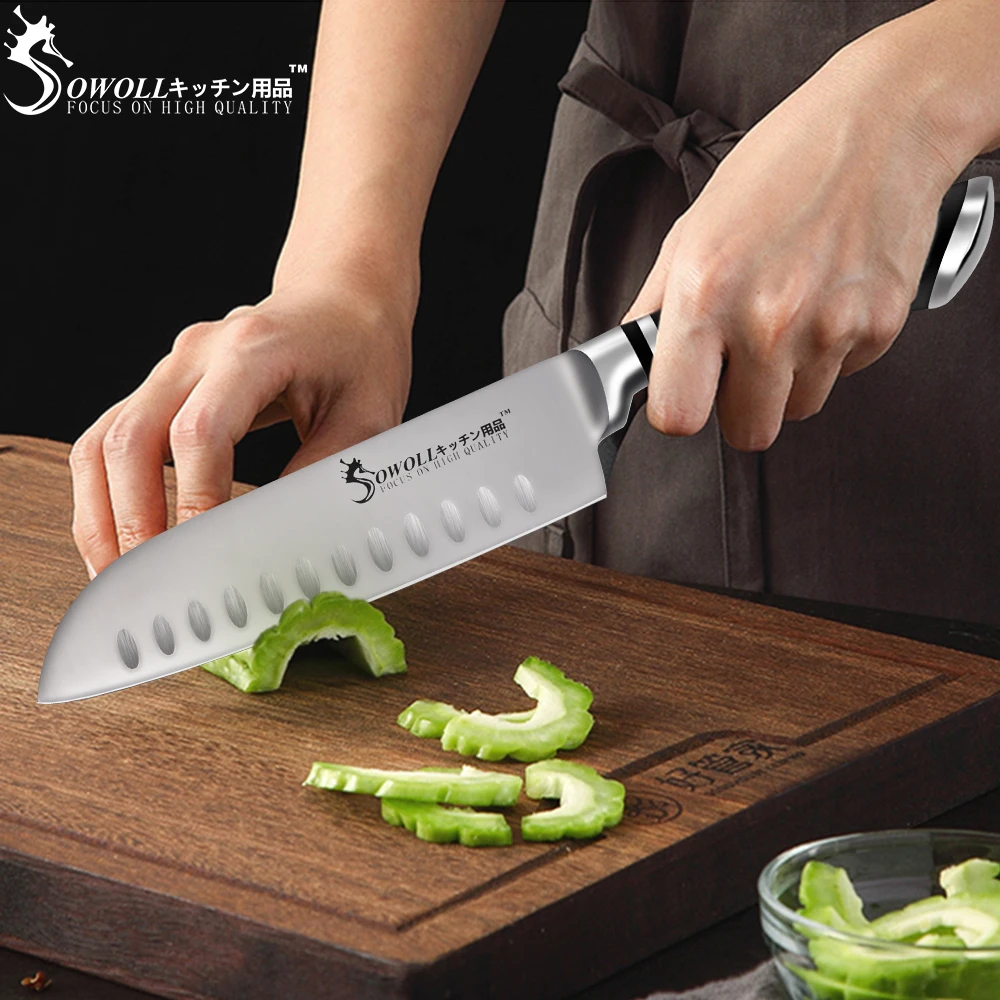 SOWOLL нож из нержавеющей стали 7 дюймовый японский шеф повара Santoku кухонный