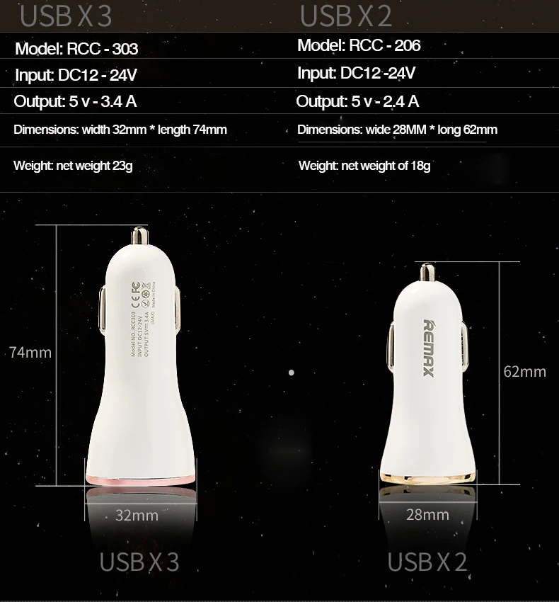 REMAX мини 3.4a 3 Порты USB автомобиля Зарядное устройство Универсальный адаптер usb2.0