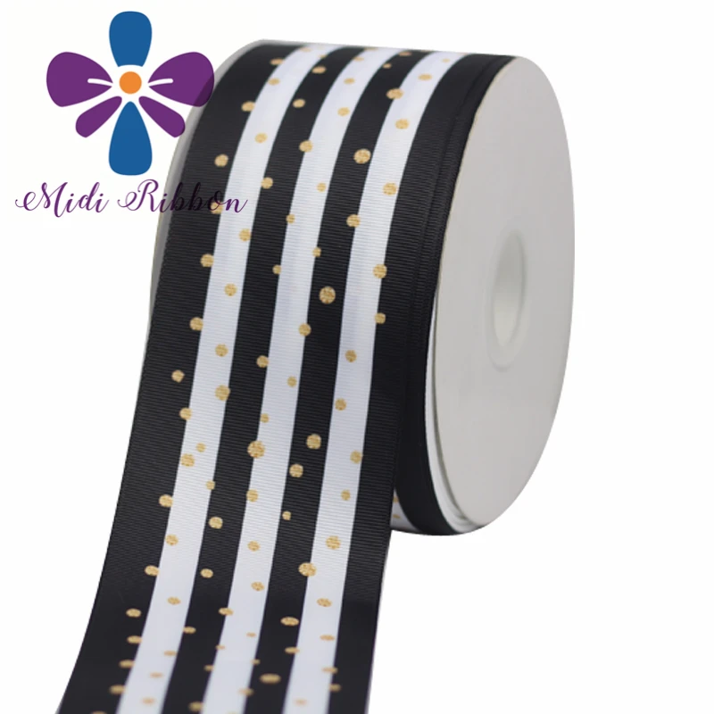 6-75 мм черно-белая полоска Золотая точка Одиночная лицевая печатная Grosgrain лента