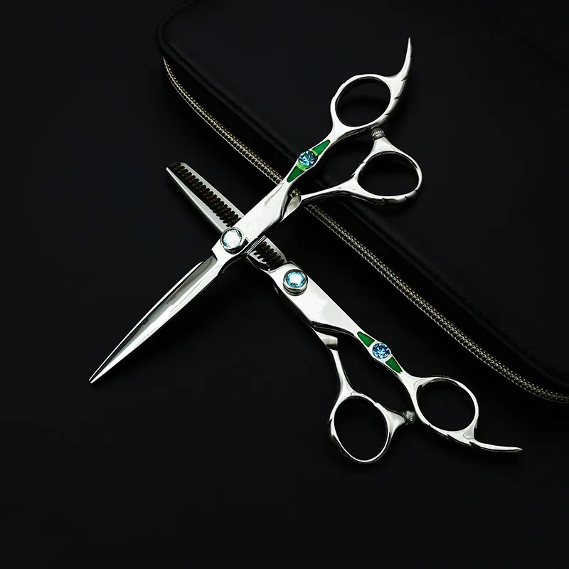 

Purple Dragon 6 inch Hair Scissors Set Greenstone Handle Professional Barber Hair Clippers Cutting Shears Barber with Case