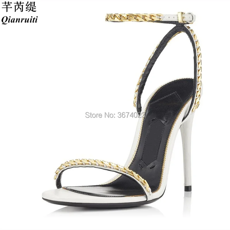 Женские босоножки Qianruiti на шпильке с золотистой цепочкой черные белые открытым