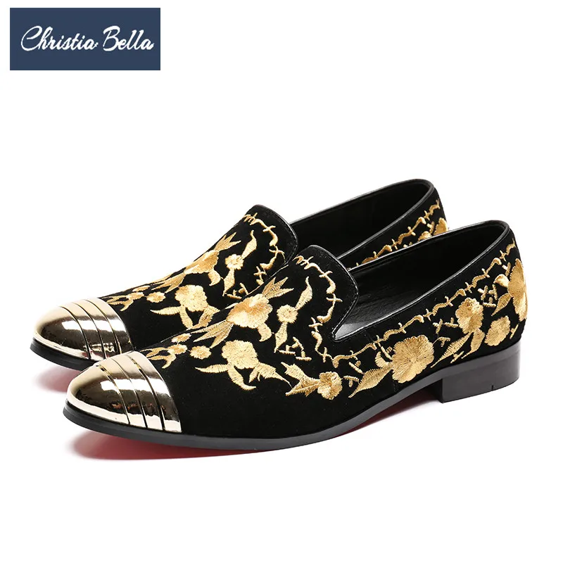 

Christia Bella Gold Embroidery Men Loafers Suede Wedding Party Loafer Formal Dress Shoes Smoking Slippers Men Flats Plus Size