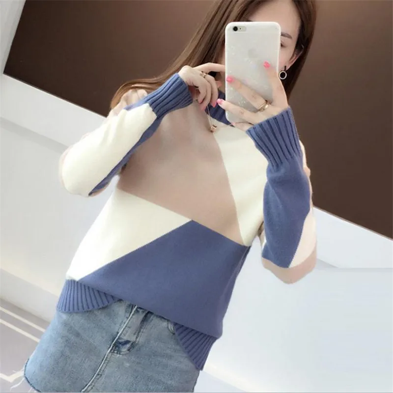 Contrast Color Autumn Winter Women Sweater 2018 New Long Sleeve Short Knitted Tops Half-Neck And Pullovers KnitwearQ1074 | Женская