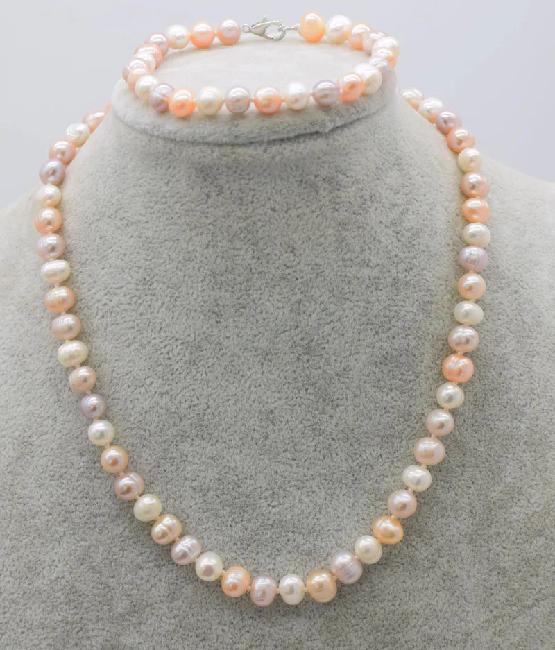 

wow! one set freshwater pearl near round white pink purple 7-8mm necklace bracelet 17" 7.5" nature FPPJ wholesale beads