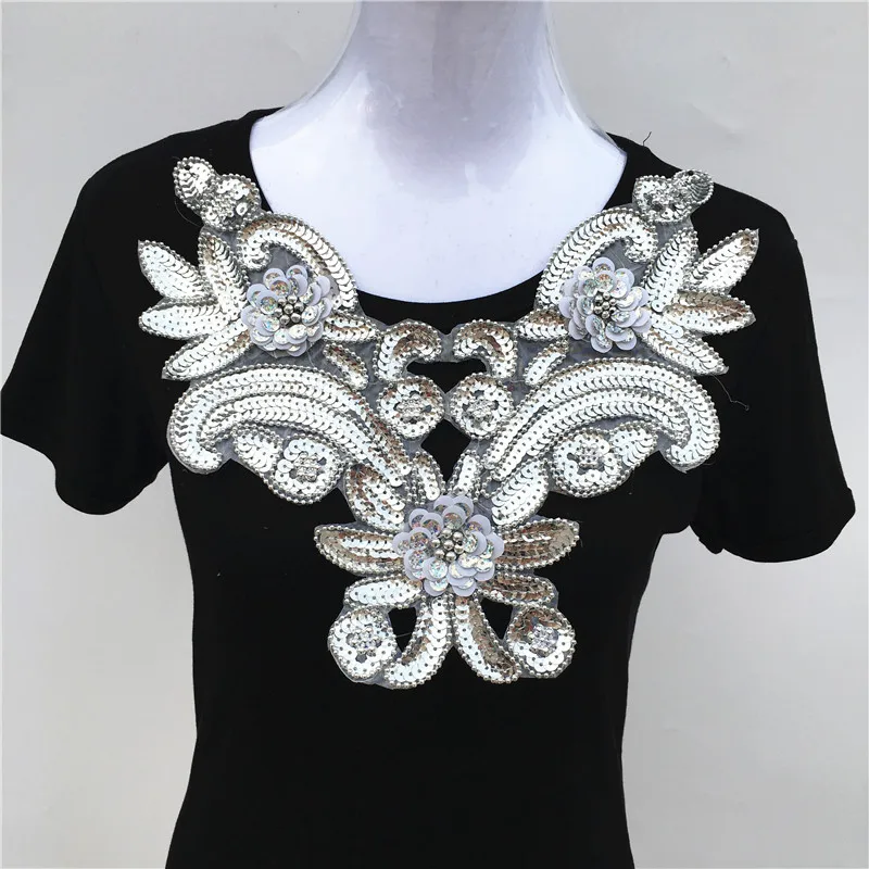 1pc Gold/Silver Beads Sequins Flower Lace Neckline Collar Sewing-On Embroidery Appliques For Dance Costumes Cloth Accessories | Дом и сад