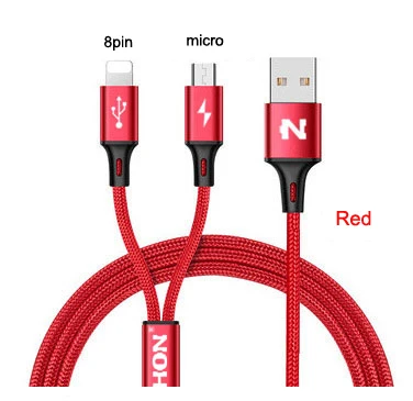 NOHON type C Micro 8-контактный USB кабель 2 в 1 для iPhone 8X7 6 6S Plus iPad iPod для samsung lenovo Nokia LG Android нейлоновые кабели - Цвет: 8pin add micro Red
