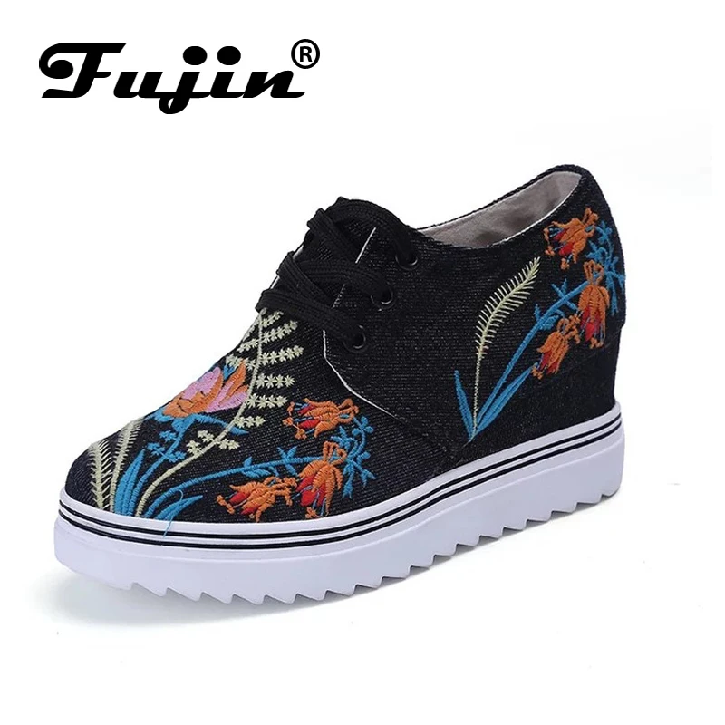 Fujin Brand 2019 Floral Spring Summer Autumn Hidden Heel Wedge Shoes Flower For Women Lace up Female Platform Slip on Pumps | Обувь