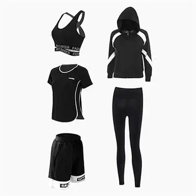 black 5 pieces Набор для йоги, большой размер, для фитнеса, эластичный, качественный, женский спортивный костюм, куртка на молнии, рубашка, бюстгальтер, штаны, короткие, 5 шт., дышащие, спортивные костюмы - Цвет: black 5 pieces
