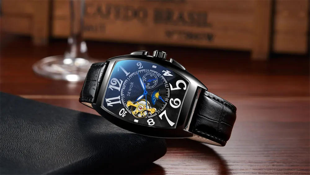 SEWOR, новинка, черные, золотые, Tonneau Tourbillon, автоматические механические часы для мужчин, ремешок из натуральной кожи, мужские часы, мужские наручные часы