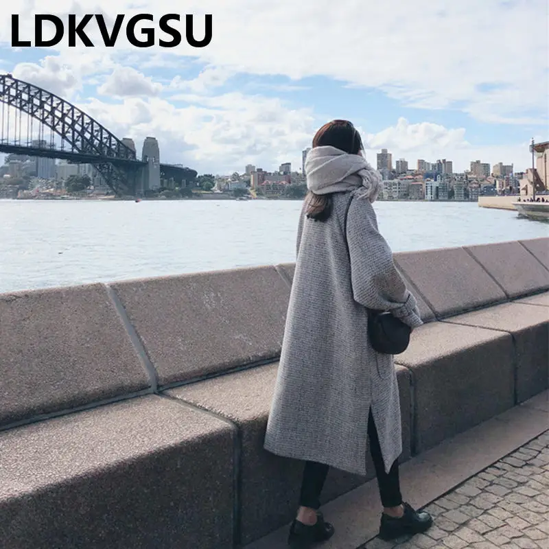 

2018 Autumn Winter New Korean Fashion Long Woolen Coat Female Loose Large Size Single Breasted Plaid Wool Coat Tide Is1483